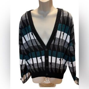 Vintage 90s Area By Tag Cardigan Sweater Men's Size XL Black Blue Geometric